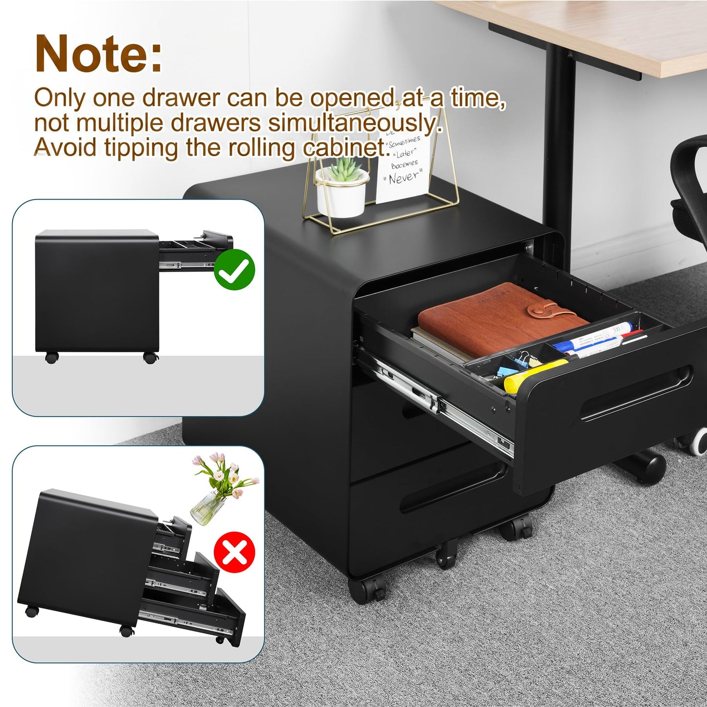 HOMSTEEL Mobile File Cabinet, Metal Filing Cabinet with Lock, 4 keys, 3 Drawers, Rounded Corner, Pre-assembled, for Office, Home office, Black
