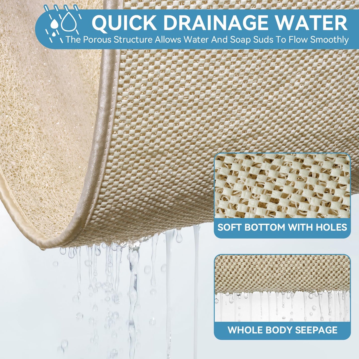 Muecleao Loofah Shower Mat, Non Slip Anti Mould Bath Mats with Reinforced Edge for Inside Shower, Washable Antibacterial Soft PVC Bath Mat with Drain