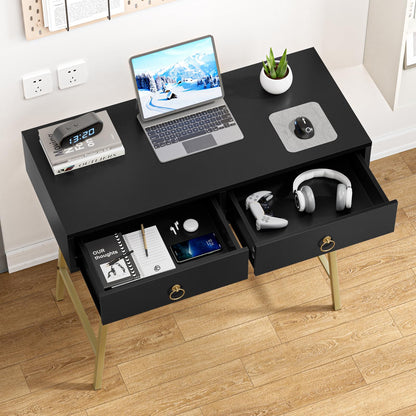 Yvsevnr Wooden Computer Desk Black Writing Desk with 2 Drawers Vanity Dressing Table without Mirror