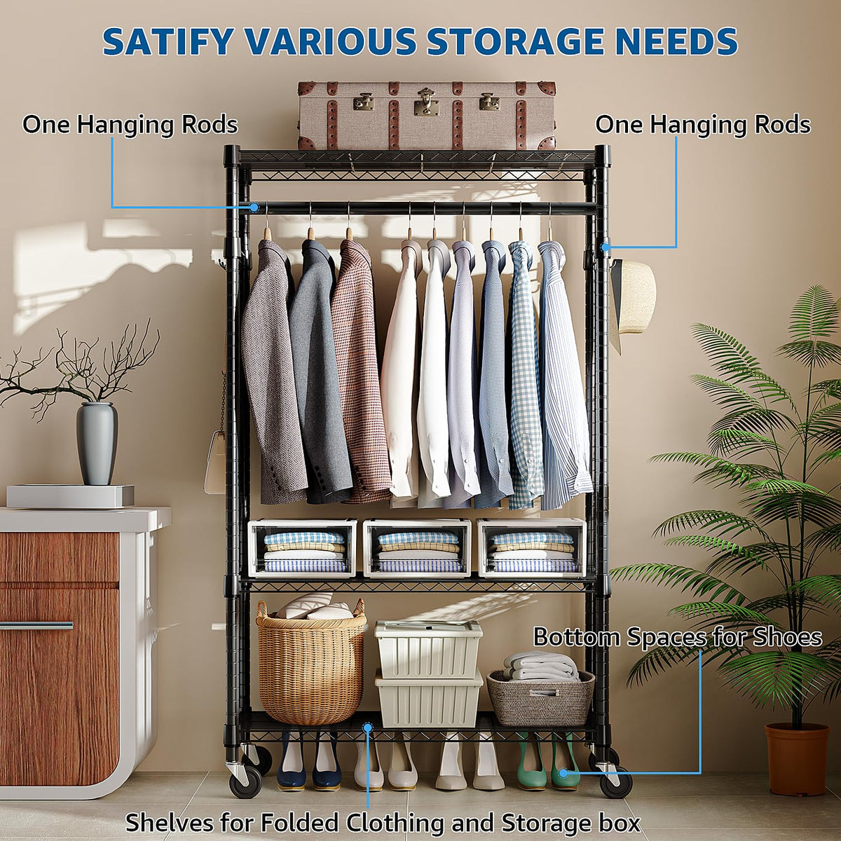 M MZG Heavy Duty Rolling Garment Rack 3 Tiers Adjustable Wire Shelving Clothes Rack with Rods and Side Hooks,Storage Closet Clothing Rack with Wheels
