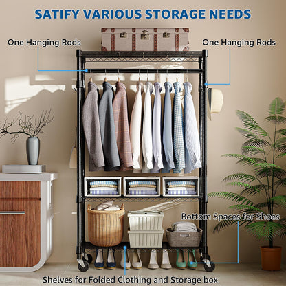 M MZG Heavy Duty Rolling Garment Rack 3 Tiers Adjustable Wire Shelving Clothes Rack with Rods and Side Hooks,Storage Closet Clothing Rack with Wheels