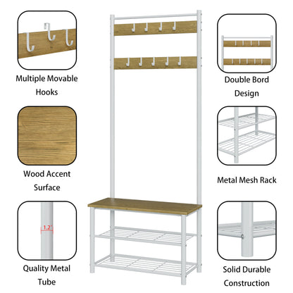HEYZOEY Coat Stand, Coat Rack with Shoe Storage, 3-in-1 Freestanding Wooden Coat Rack with Shoe Bench and ShoeRack