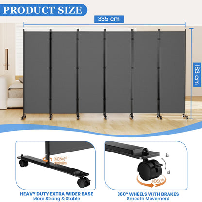 6 Panel Room Divider 183CM Folding Privacy Screens with Lockable Wheels