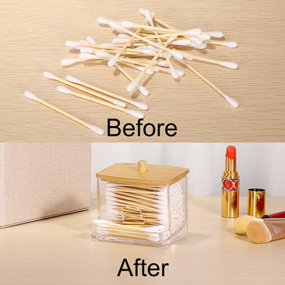 SUMTree L-shaped Qtip Cotton Ball Holder Qtip Dispenser with Bamboo Lid
