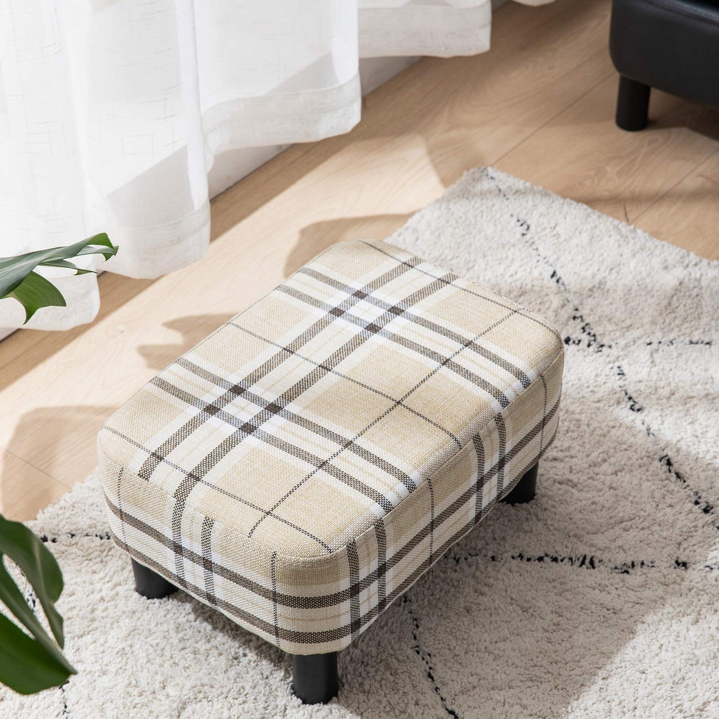 IBUYKE 42CM Small Footstool, Linen Fabric Pouf, with Padded Seat Pine Wood Legs Rectangular Stool, Small Under Desk Footrest