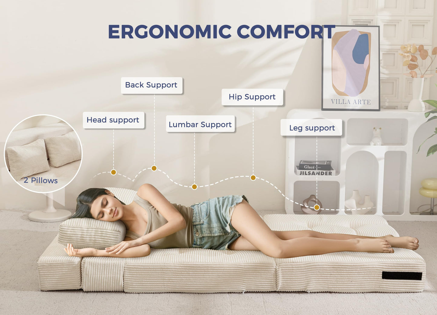 MAXYOYO Folding Foam Sofa Bed, Tri-Fold Mattress with 2 Pillows, Convertible Sofa Chair Futon Z Bed with 15cm Thincken Foam