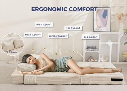 MAXYOYO Folding Foam Sofa Bed, Tri-Fold Mattress with 2 Pillows, Convertible Sofa Chair Futon Z Bed with 15cm Thincken Foam