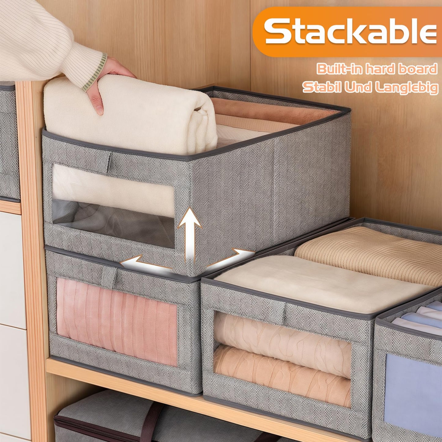 Aiuuee 3Pcs Clothes Storage Boxes, 40x30x20cm Fabric Storage Box with Handles, Collapsible Wardrobe Storage Organiser with Clear Window
