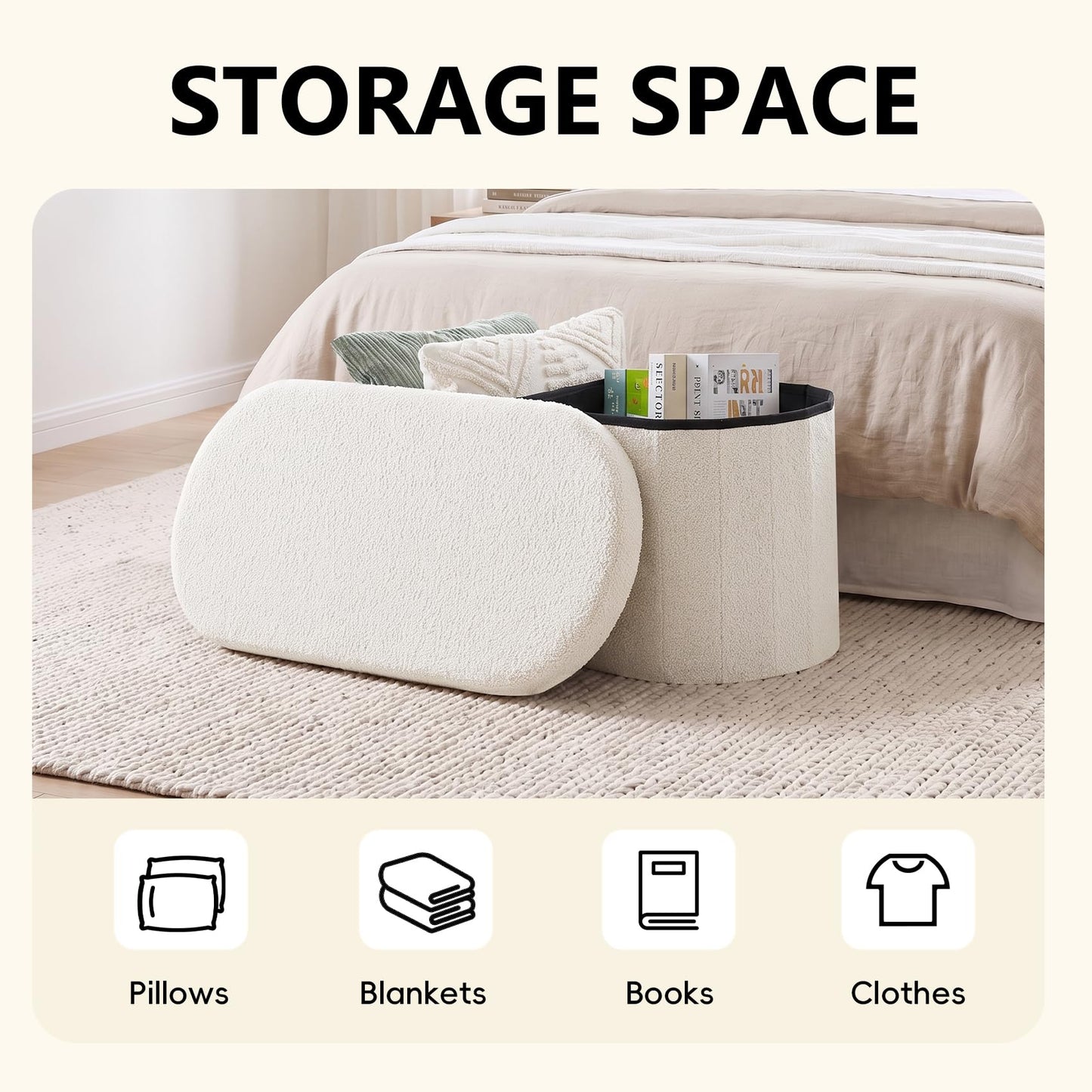 PINPLUS Oval Storage Bench Folding Ottoman Boucle Cream White, 76x38x38 cm