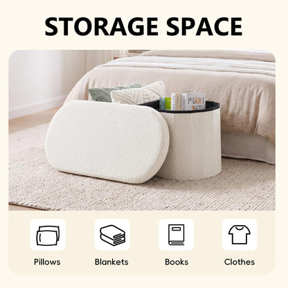 PINPLUS Oval Storage Bench Folding Ottoman Boucle Cream White, 76x38x38 cm