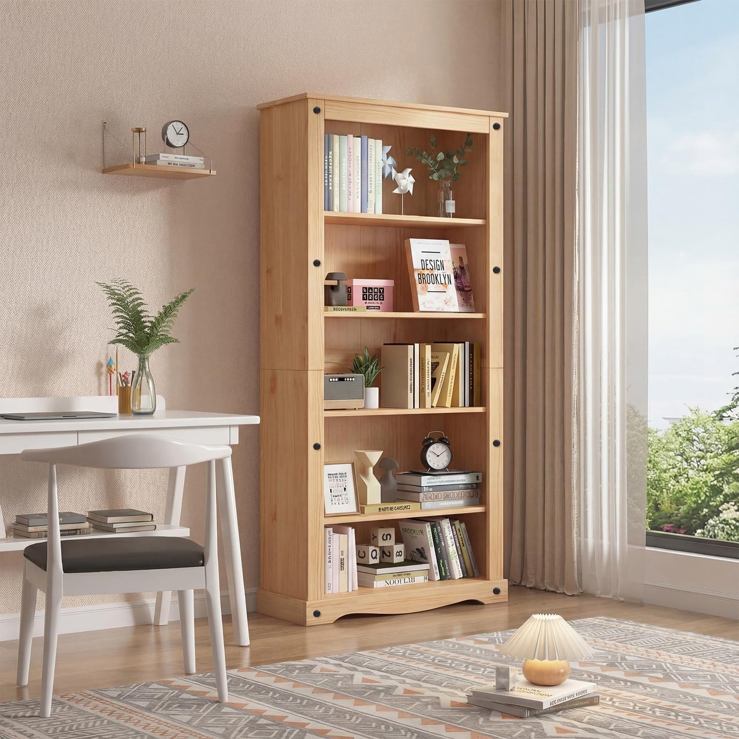 Panana Corona 5 Tier Bookcase, Solid Pine Wood Storage Display Unit Bookshelf Organiser Cabinet Shelf Shelves Rack Unit 80 x 35 x 180 cm