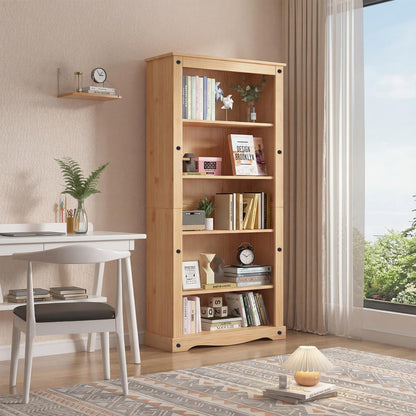 Panana Corona 5 Tier Bookcase, Solid Pine Wood Storage Display Unit Bookshelf Organiser Cabinet Shelf Shelves Rack Unit 80 x 35 x 180 cm