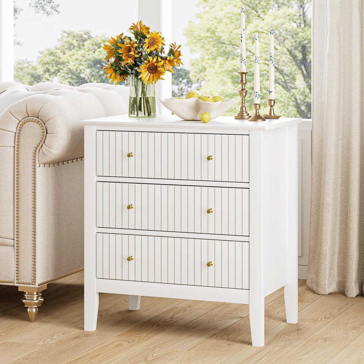 Apetaccat Large Bedside Table Bedroom, 3 Drawer Chest of Drawers, Bedside Cabinet With Metal Handles,for Bedroom Livingroom,Hallway,White