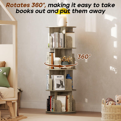 Quikraen 4-Tier Rotating Bookshelf，360° Rotating Storage Rack，Oak Color