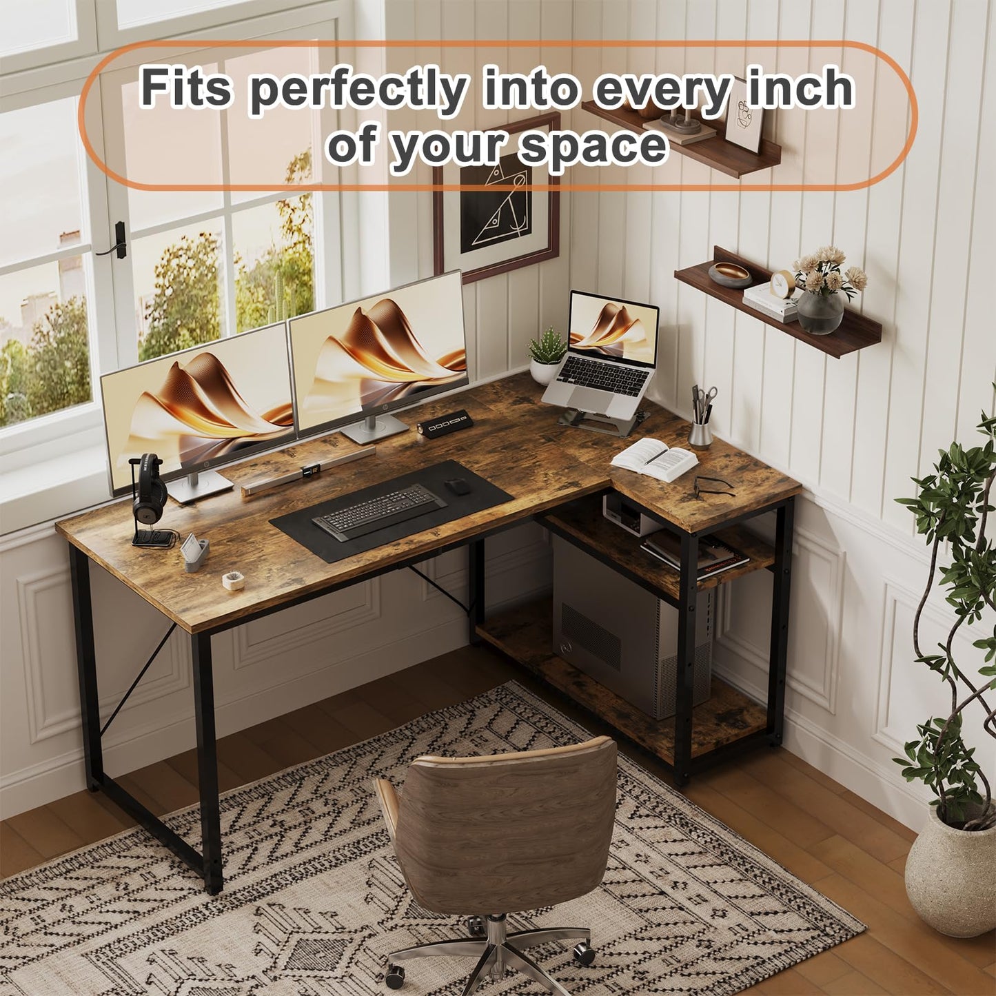JUMMICO L Shaped Desk 120x80cm with Storage, Corner Computer Desk with Reversible Shelf, Sturdy Office Desk & Workstations for Home Office, Brown