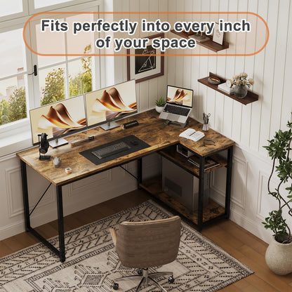 JUMMICO L Shaped Desk 120x80cm with Storage, Corner Computer Desk with Reversible Shelf, Sturdy Office Desk & Workstations for Home Office, Brown