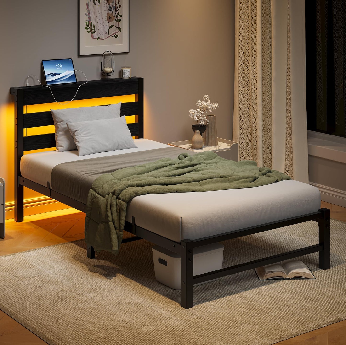 VERFARM 3ft Single Bed Frame with Charging Station and LED Lights, Heavy Duty Metal Platform Single 90x190 cm Bed Frame with Wood Storage Headboard