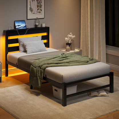 VERFARM 3ft Single Bed Frame with Charging Station and LED Lights, Heavy Duty Metal Platform Single 90x190 cm Bed Frame with Wood Storage Headboard