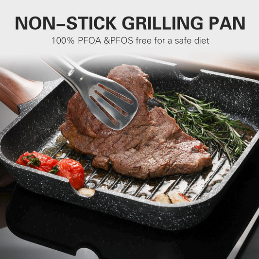 Kordisen Nonstick Grilling Pan with Lid for Stove Tops, 9.5 Inch Square Grill Pan for Indoor Cooking, Granite Coating Grill Skillet with Pour Spouts,