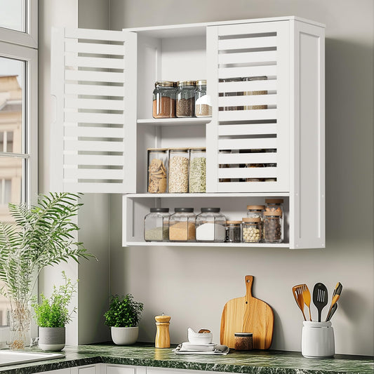 unho Bamboo Bathroom Cabinet Wall Mounted,Over-The-Toilet Storage Organizer, 2 Magnetic Door Medicine Cabinet with Adjustable Shelf for Bathroom or