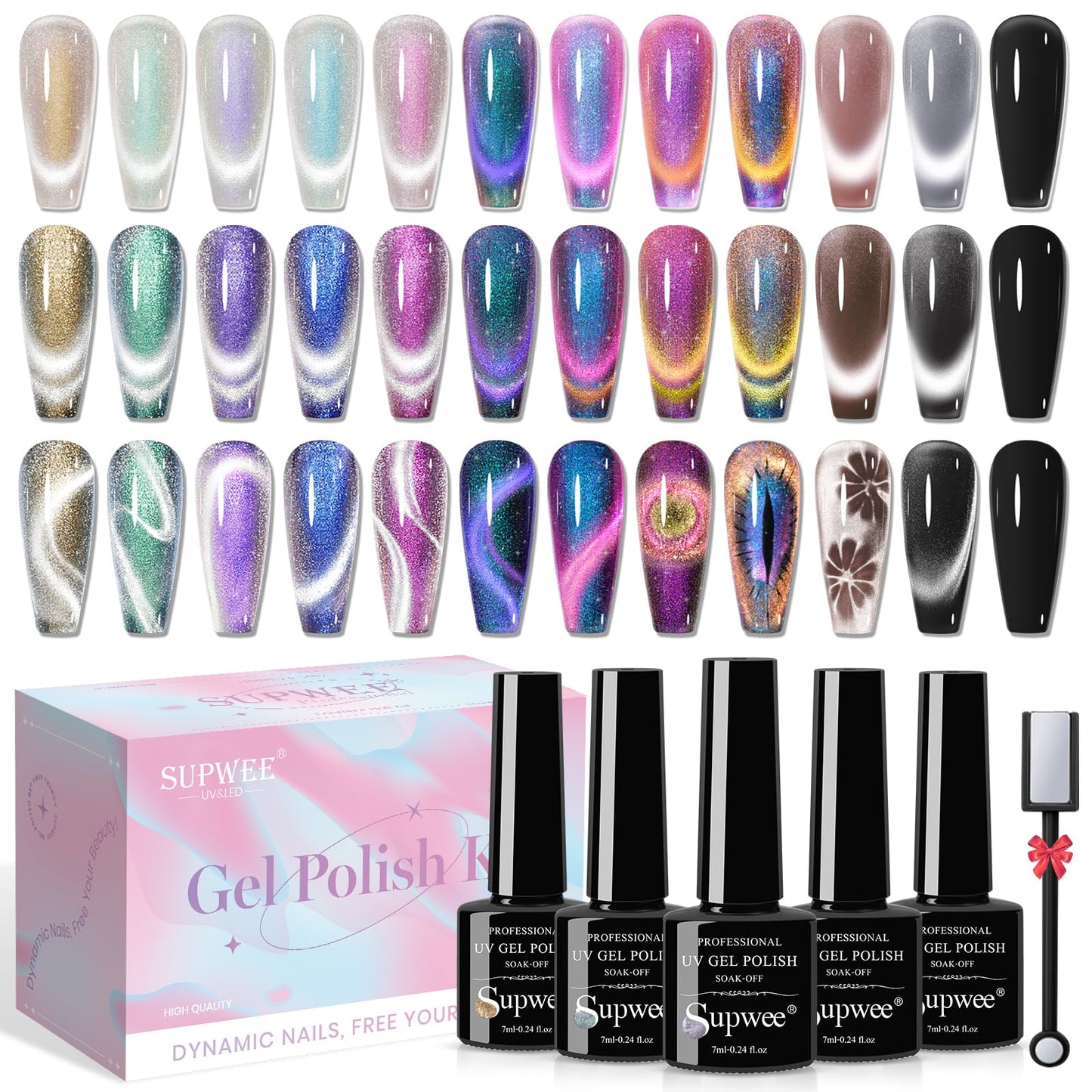 SUPWEE Magnetic Gel Nail Polish Glitter Auroras Shining Cat Magnet Gel Set 12 Colors Crystal 9D Cat Eye Nail Gel Polish Kit with Magnet Manicure Nail