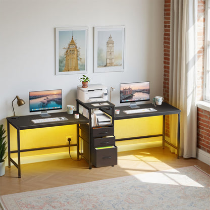 OYRREU 236cm Double Desk with Charging Station, LED & Drawers for 2 Person