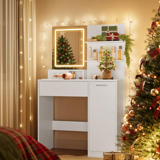 VASAGLE KAILYN Collection - Dressing Table with LED Lights and Power Outlet, Vanity Table with Mirror, Adjustable Shelves, 1 Drawer, 2 Open Shelves,