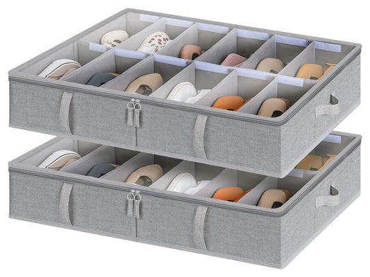 StorageWorks Under Bed Shoe Storage Organizer, Underbed Shoes Container with Adjustable Dividers, Shoe Storage Basket with Cover, Grey, 2-Pack,