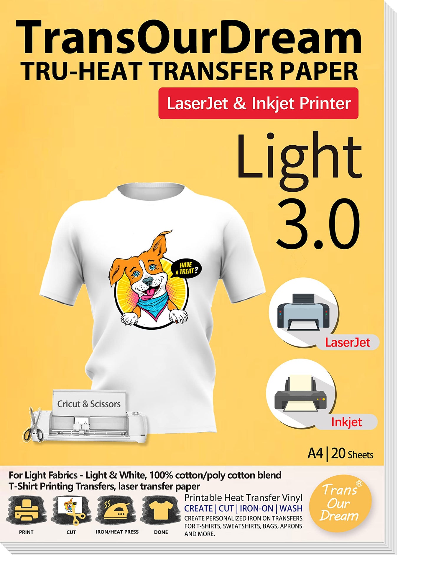 TransOurDream Tru-T Shirt Transfer Paper 20 Sheets A4 Iron On Transfers for Inkjet & Laser Printer Printable HTV Heat Transfer Vinyl for White and