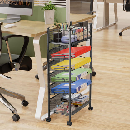6 Tier Metal Mesh File Trolley with Lockable Wheels, Slim Rolling File Cart Desk Side Organiser