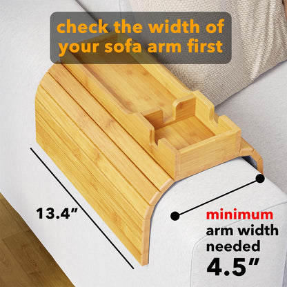 SpaceAid Bamboo Couch Cup Holder, Anti Falling Foldable Sofa Armrest Tray with Cup Holder, Couch Arm Side Table Organizer for Drink Cup Remote Snacks