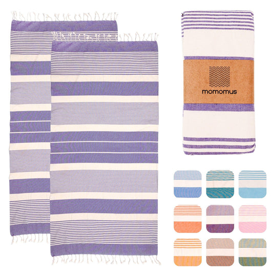 MOMOMUS 2 Pack XL Fouta or Cotton Beach Towels for Adults - Compact, Ultra-Soft, Absorbent - Extra Large Beach Towels for Adults - Lilac 90x180cm