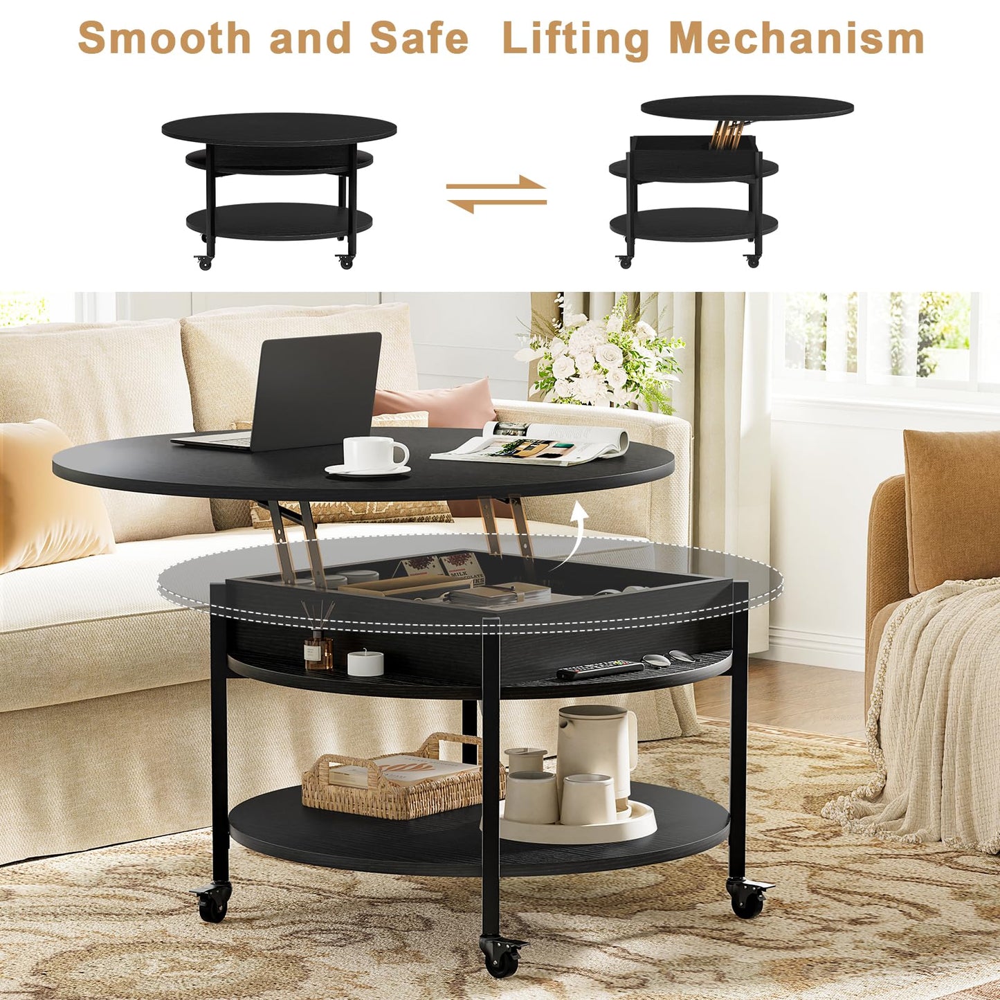 Mossora Round Lift Top Coffee Table with Wheels, Circle Center Table with Storage and Compartment, 68 cm Rolling Coffee Tables for Living Room