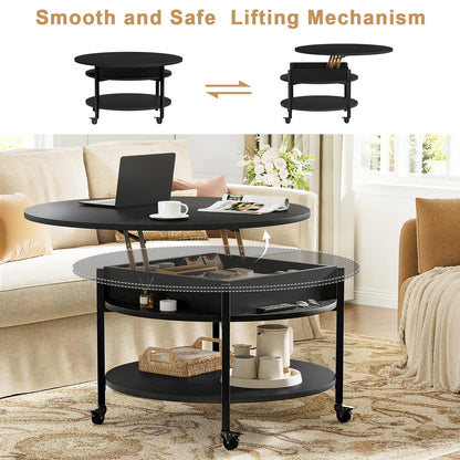 Mossora Round Lift Top Coffee Table with Wheels, Circle Center Table with Storage and Compartment, 68 cm Rolling Coffee Tables for Living Room