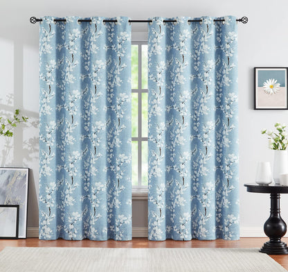 Fmfunctex Blue Floral Blackout Curtains for Bedroom 90 inch Drop Eyelet Curtains for Living Room Nursary Blossom Thermal Insulated Window Curtain