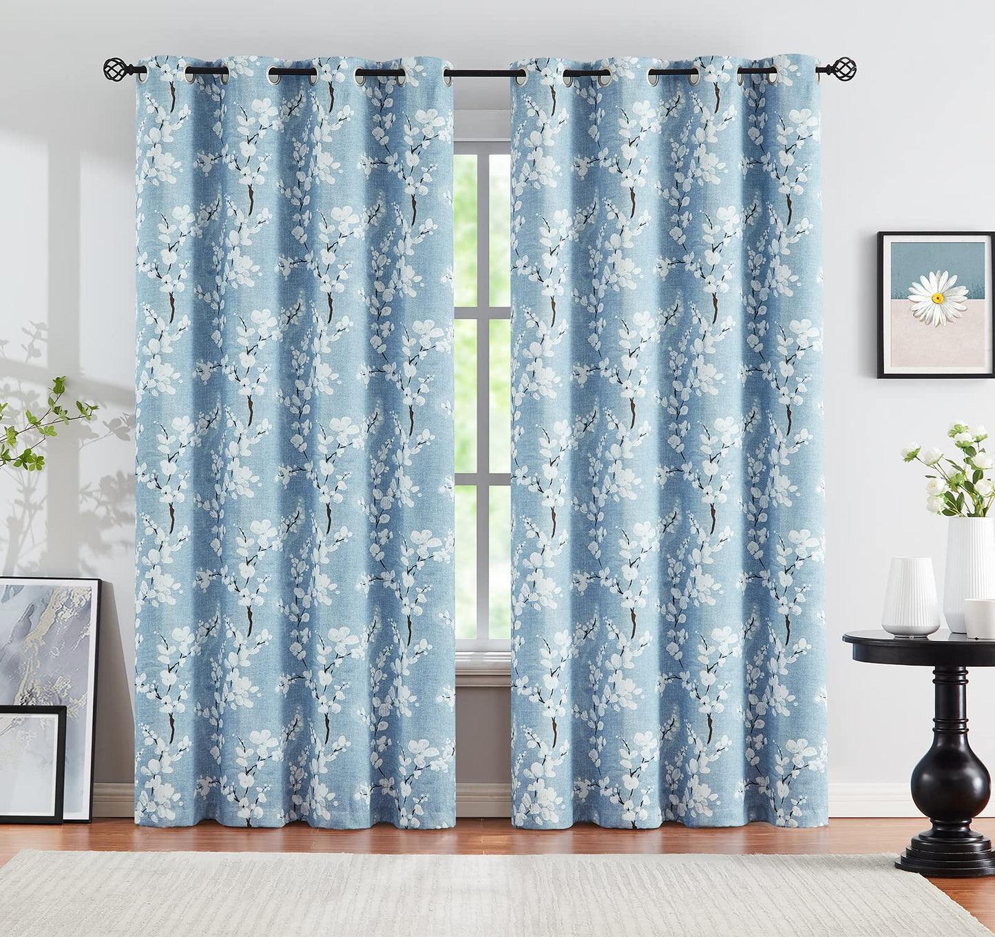 Fmfunctex Blue Floral Blackout Curtains for Bedroom 54 inch Drop Eyelet Curtains for Living Room Nursary Blossom Thermal Insulated Window Curtain