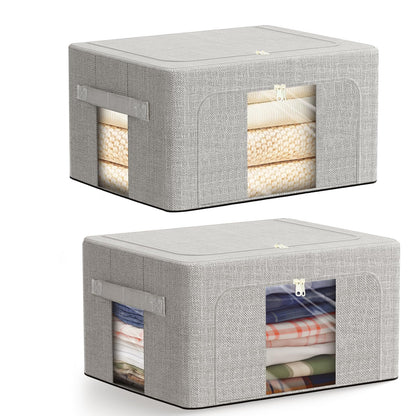 AIOR 2PCS 24L Clothes Storage Bags with Metal Frame, Foldable Fabric Storage Boxes with Clear Windows for Blankets Bedding Comforters