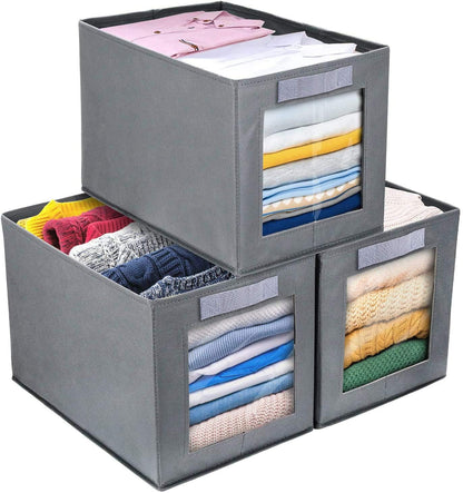 Foldable Wardrobe Storage Boxes, 3 Pack Fabric Shelf Clothes Organiser Grey
