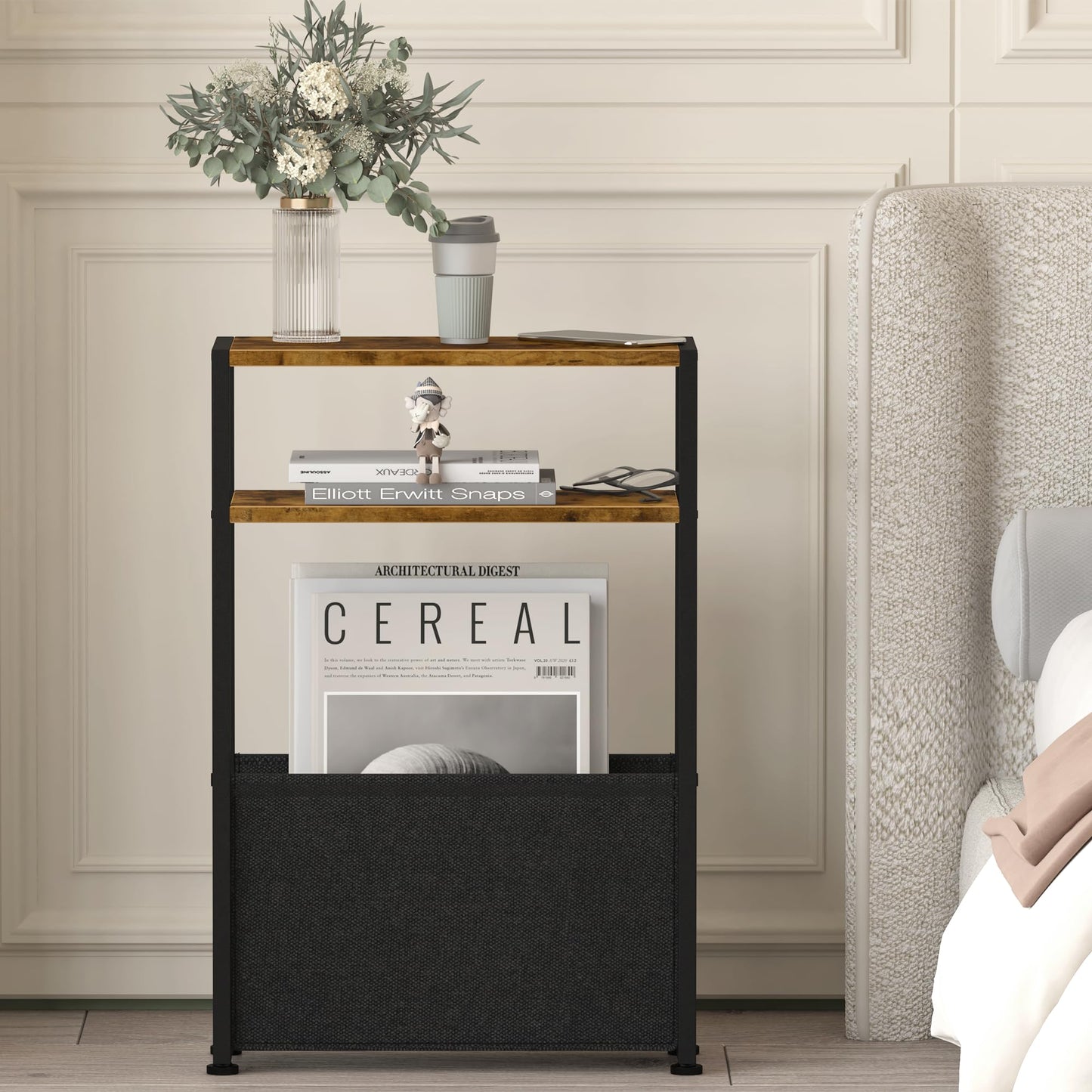 JERX Narrow Side Table with Fabric Basket, End Table for Small Spaces, Slim Side Table with Magazine Rack for Living Room Office Bedroom and Bathroom