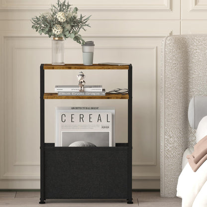 JERX Narrow Side Table with Fabric Basket, End Table for Small Spaces, Slim Side Table with Magazine Rack for Living Room Office Bedroom and Bathroom