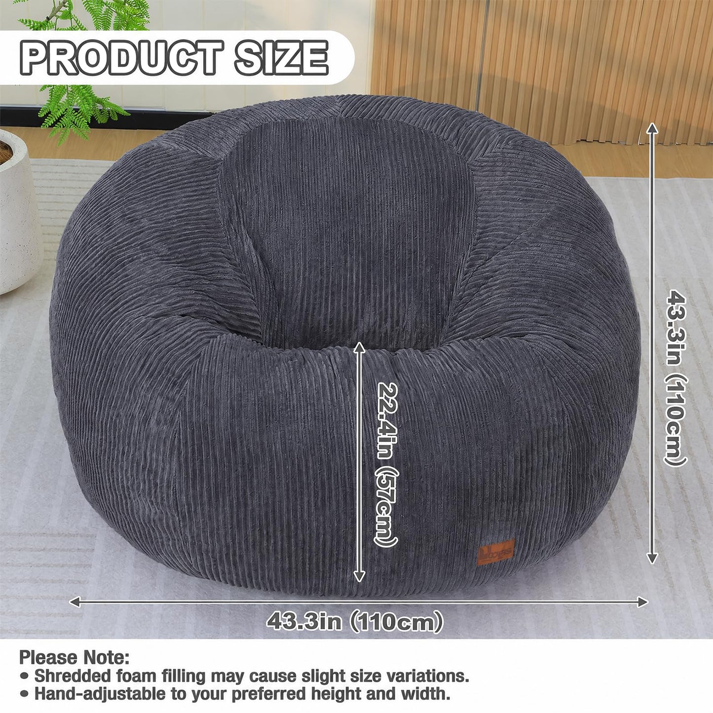 UODERS Oval Bean Bag for Adults Kids & Teens, Large Bean Bag Chair with Corduroy Cover with Handle