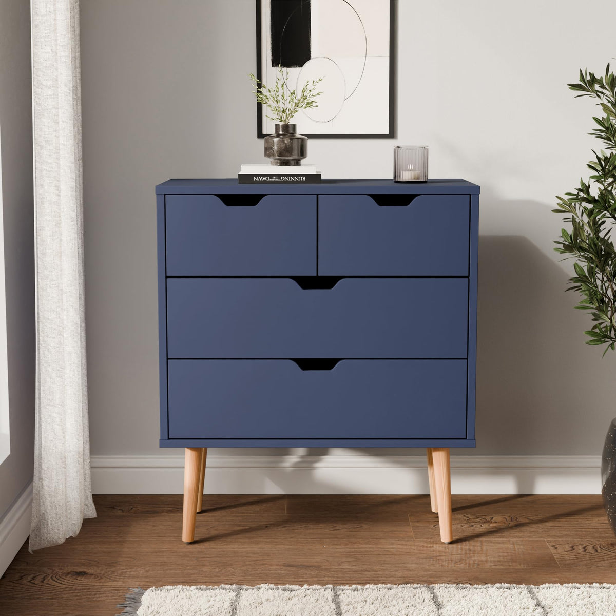 GFW Nyborg 2+2 Drawer Chest of Drawers, Blue Scandi Bedroom Storage Unit with Wooden Legs and Cut-Out Handles