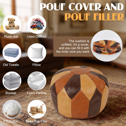Ayrirel Unstuffed Moroccan Pouf Ottoman Footstools for Living Room,Waterproof Faux Leather Pouffe Foot Rest Cover,Boho Round Pouffe,Multifunctional