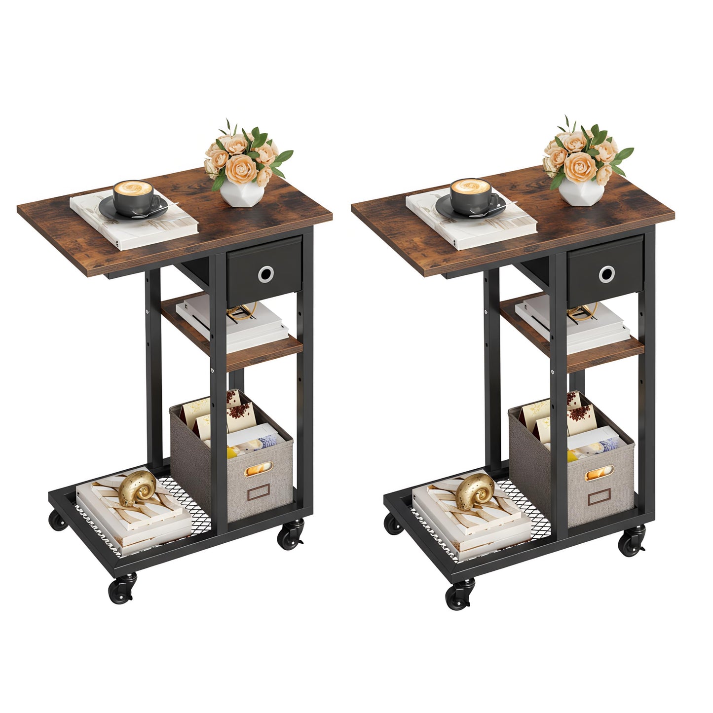 YITAHOME 2PCS Bedside Table, C-Shaped Side Table with Drawer and Wheels