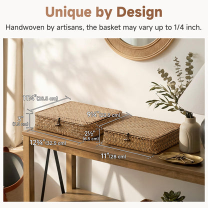 StorageWorks Wicker Storage Boxes with Lids, Flat Seagrass Storage Baskets with Lids