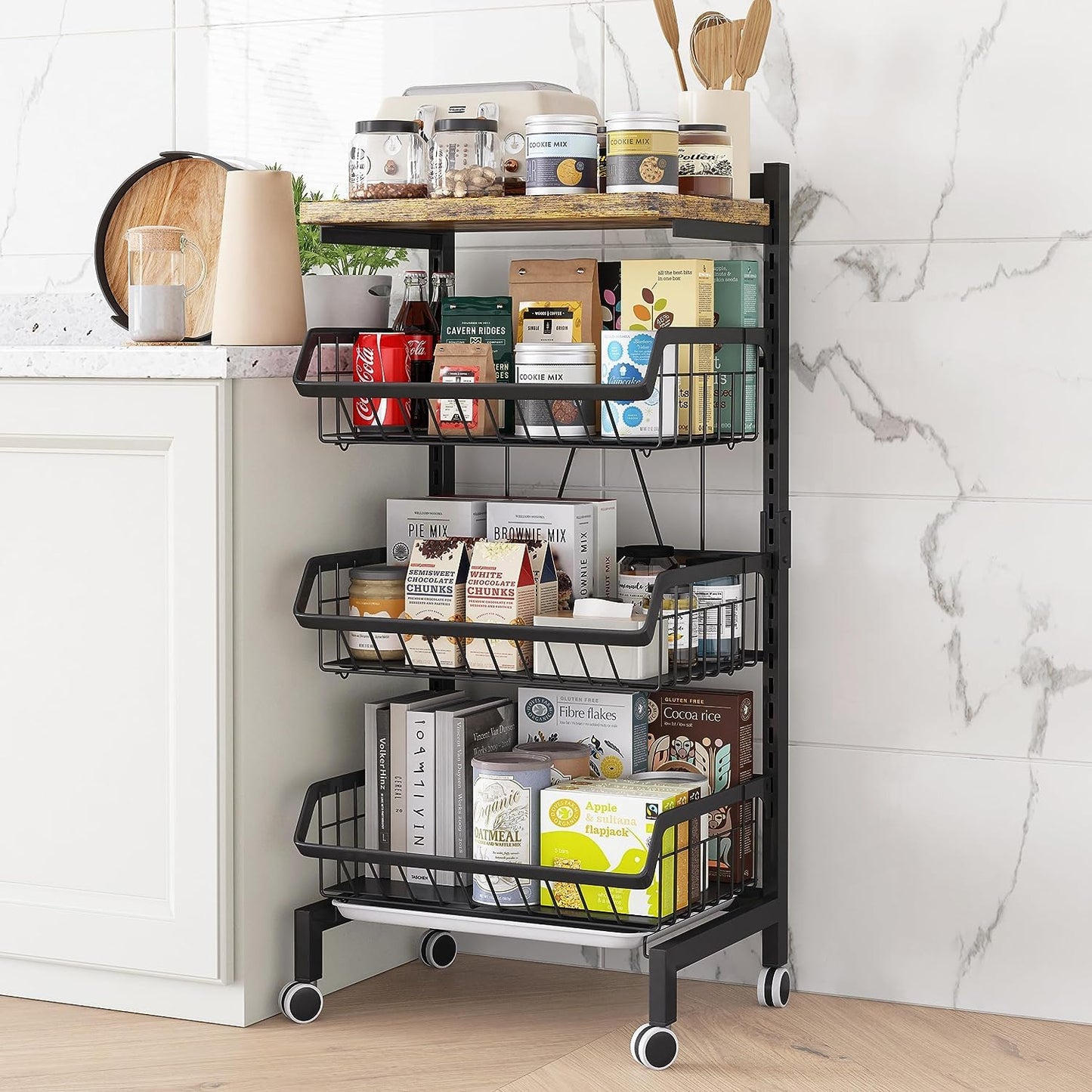 UMDONX Vegetable Storage Rack,kitchen Trolley,Vegetable Trolley on Wheels,4 Tier Kitchen Vegetable Storage Trolley Black Metal 15.4"*12.2"*34.44"