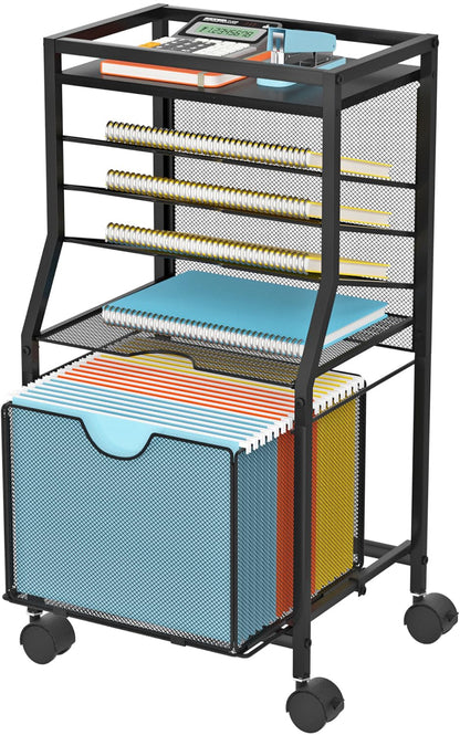 BOHDK Rolling File Cart, 6-Tier Under Desk Organiser on Lockable Wheels, Black Wood Planks & Mesh File Cart with Sliding Drawer and Paper Trays for