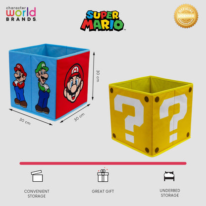 Nintendo Super Mario Officially Licensed Storage Boxes | 2 pack Foldable Storage Cubes Faces Design with Mario and Luigi