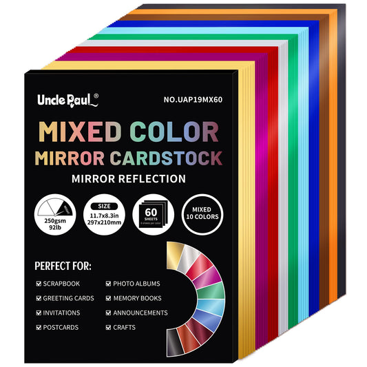 A4 Mixed Color Mirror Cardstock Paper, 60 Sheets 10 Colors 250gsm/92Ib Metallic Reflective Paper for Crafts DIY Projects Card Making Party Decoration
