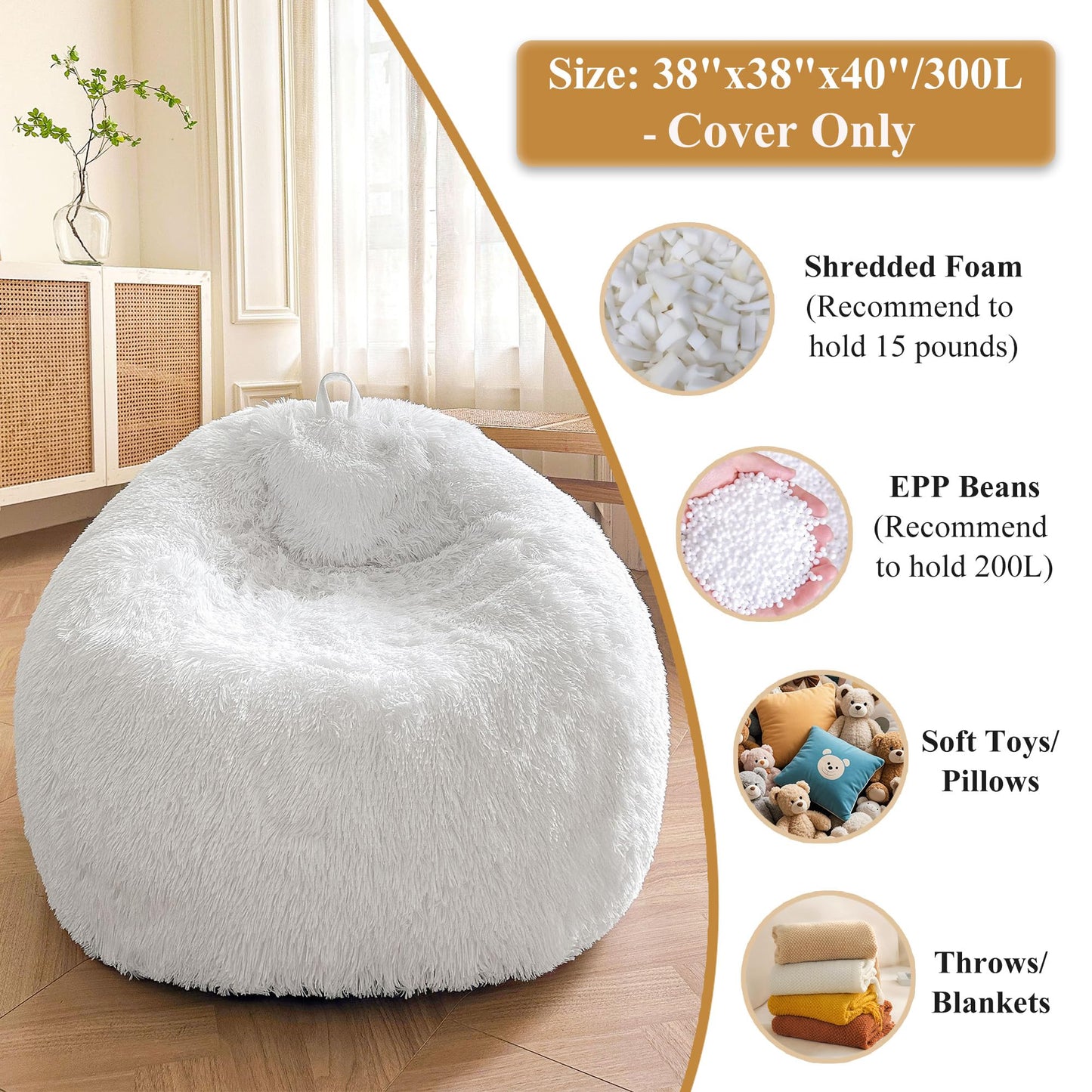XeGe Soft Fluffy Faux Fur Decorative Bean Bag Chair Cover(No Filler), White